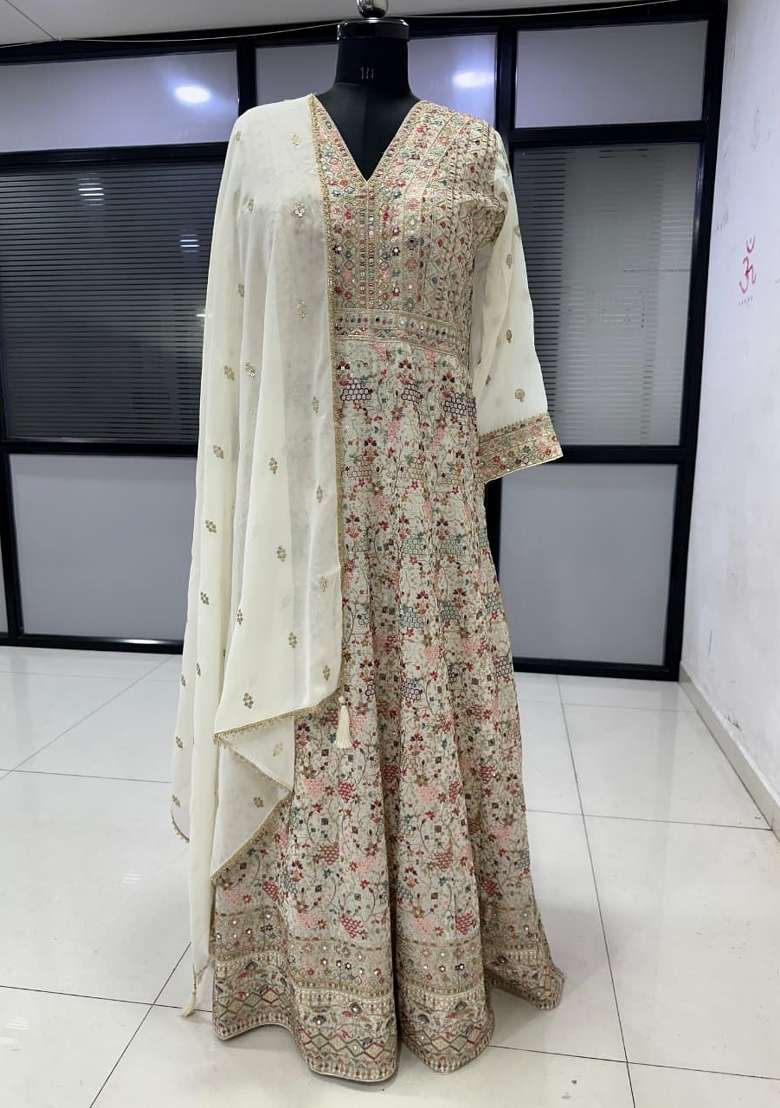 Beige Embroidered Georgette Anarkali With Dupatta - Indya