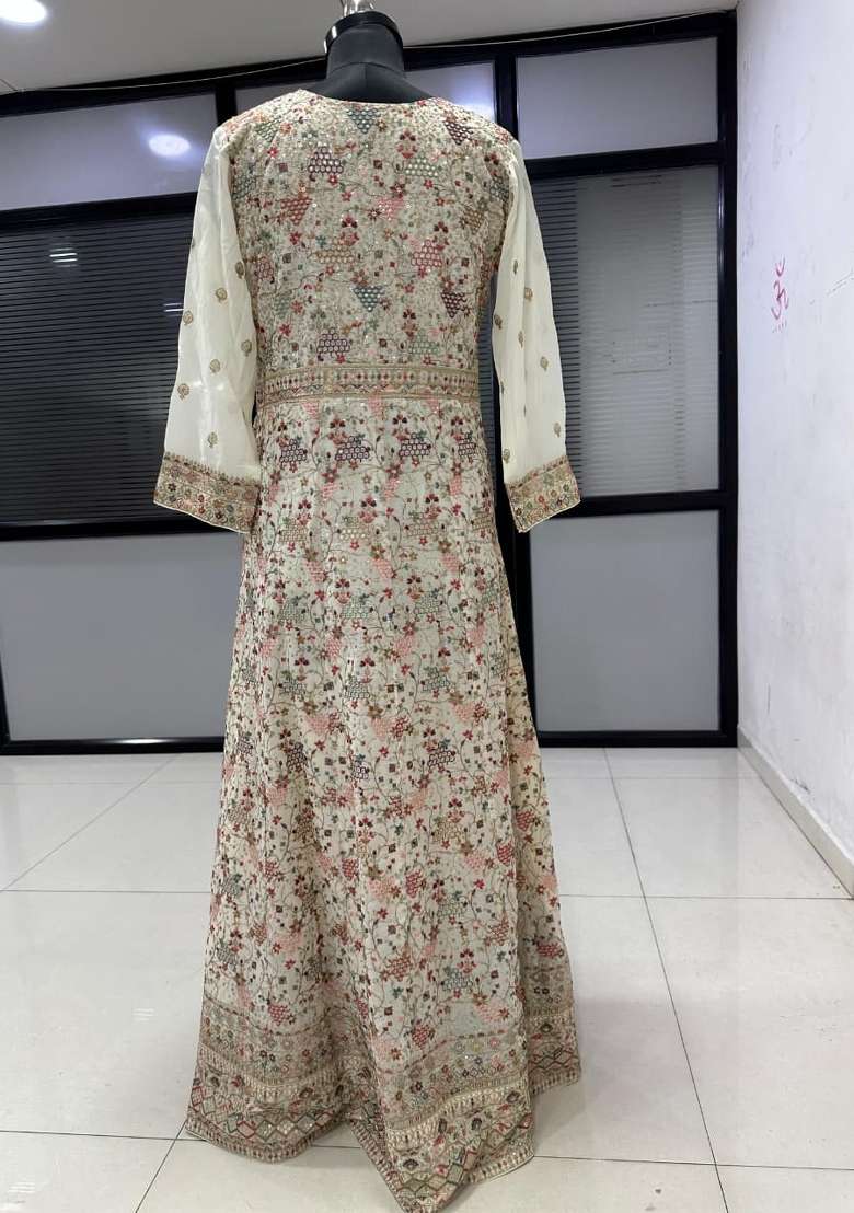 Beige Embroidered Georgette Anarkali With Dupatta - Indya