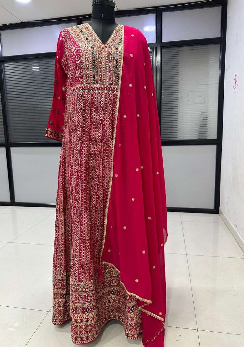 Magenta Embroidered Georgette Anarkali With Dupatta - Indya