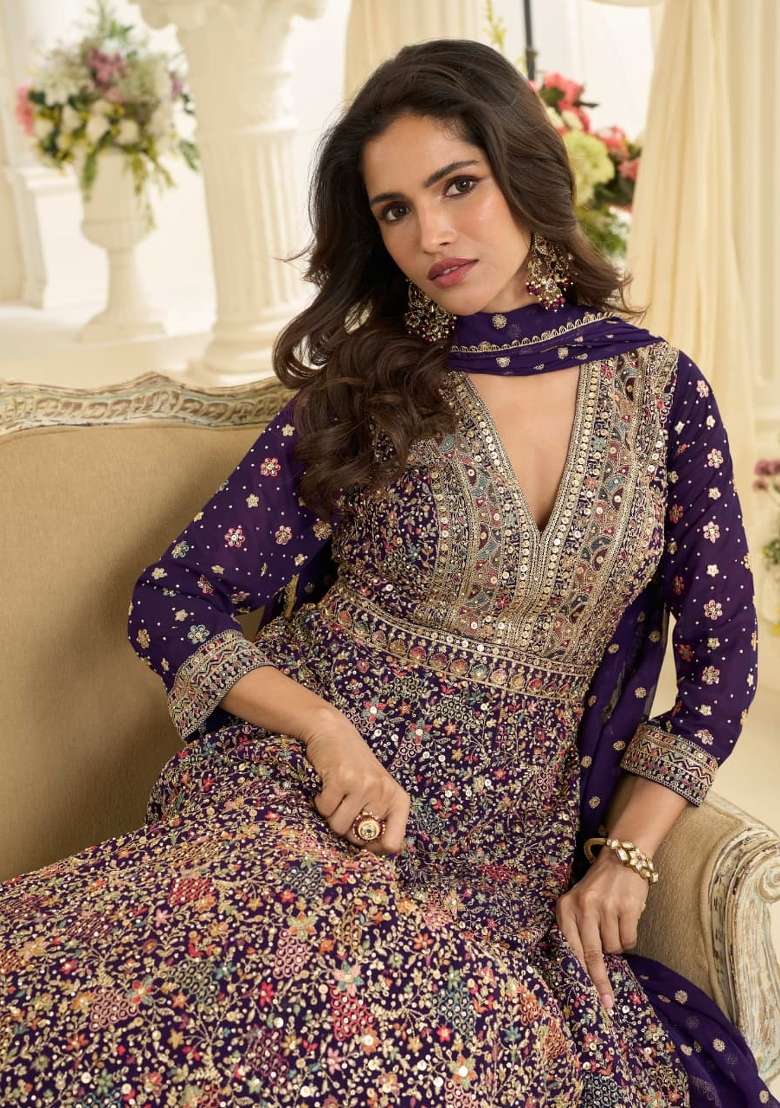Violet Embroidered Georgette Anarkali With Dupatta - Indya