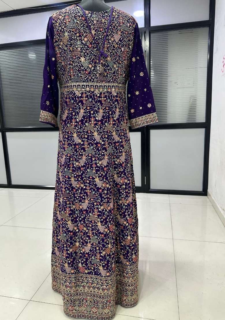 Violet Embroidered Georgette Anarkali With Dupatta - Indya