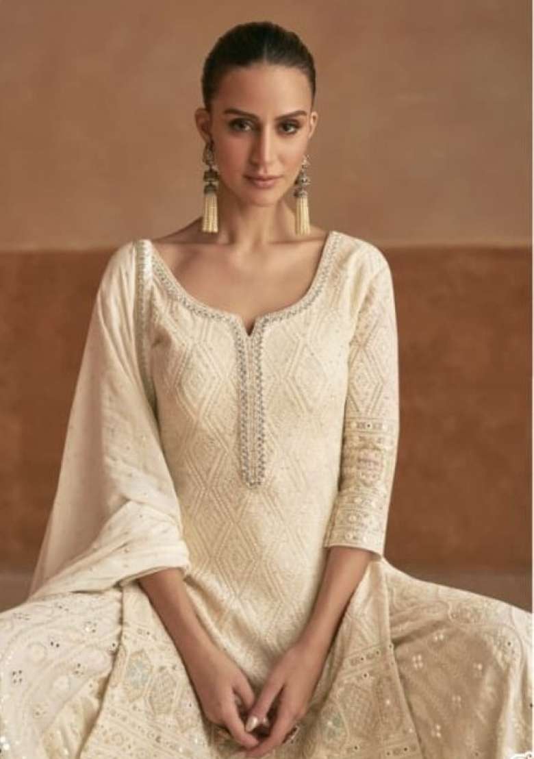 Cream Embroidered Georgette Kurta Set - Indya