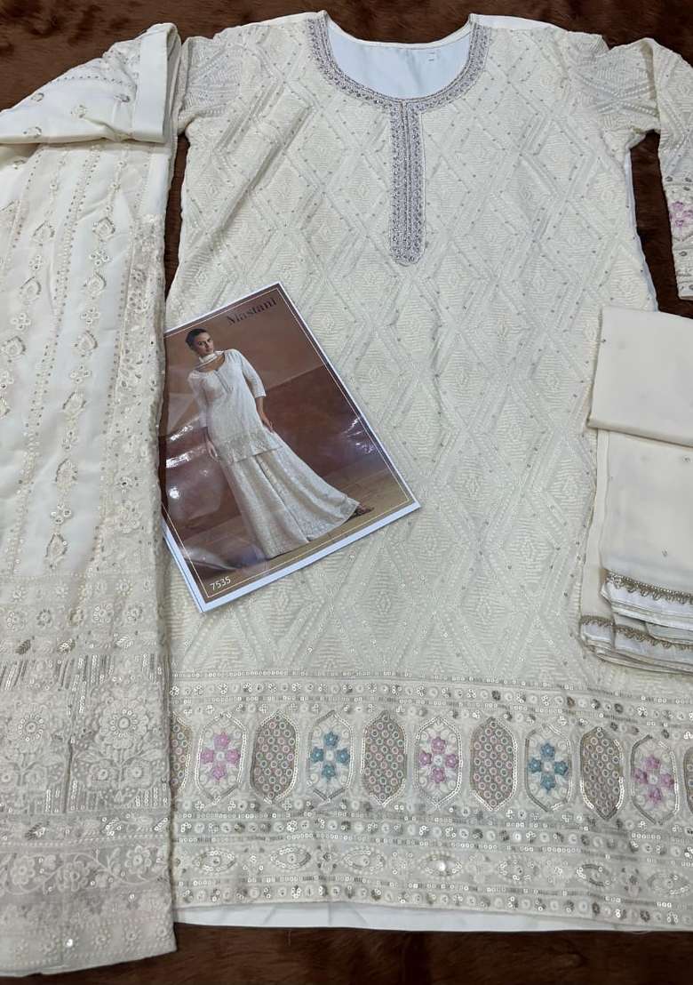 Cream Embroidered Georgette Kurta Set - Indya