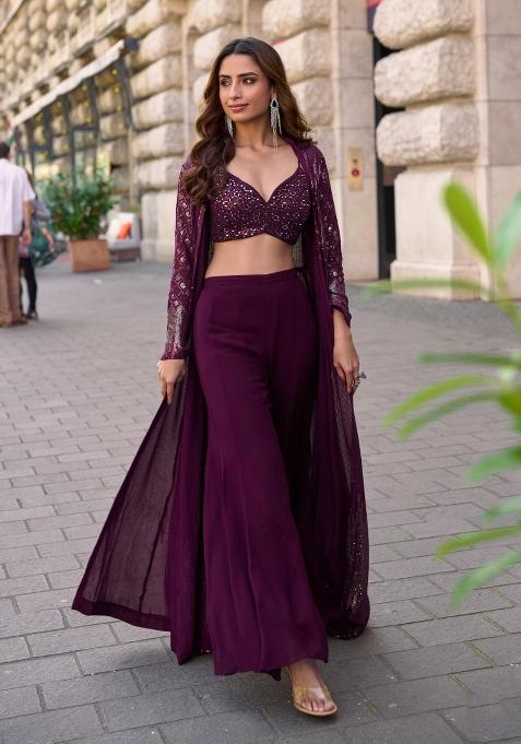 Purple Embroidered Georgette Indo Western