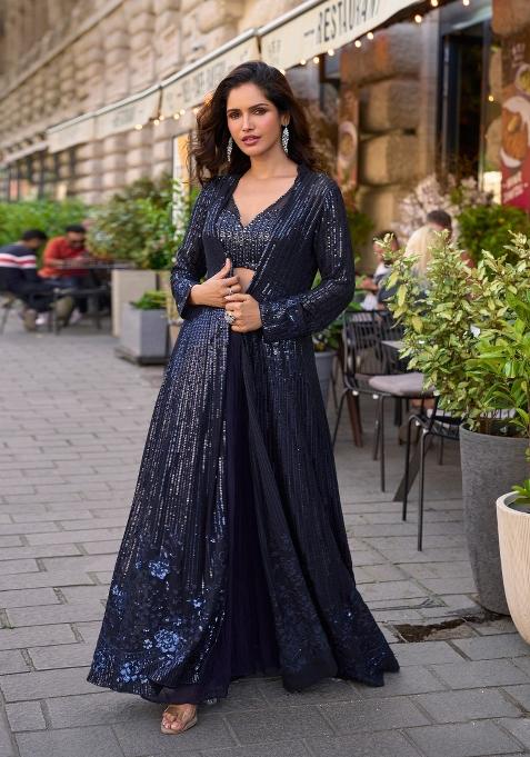 Grey Embroidered Georgette Indo Western