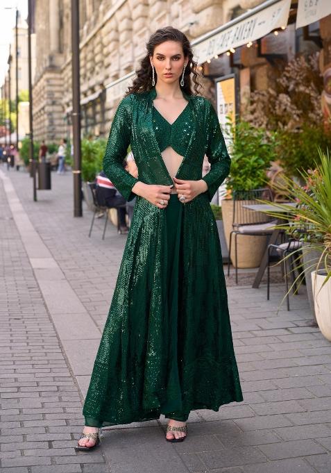 Dark Green Embroidered Georgette Indo Western