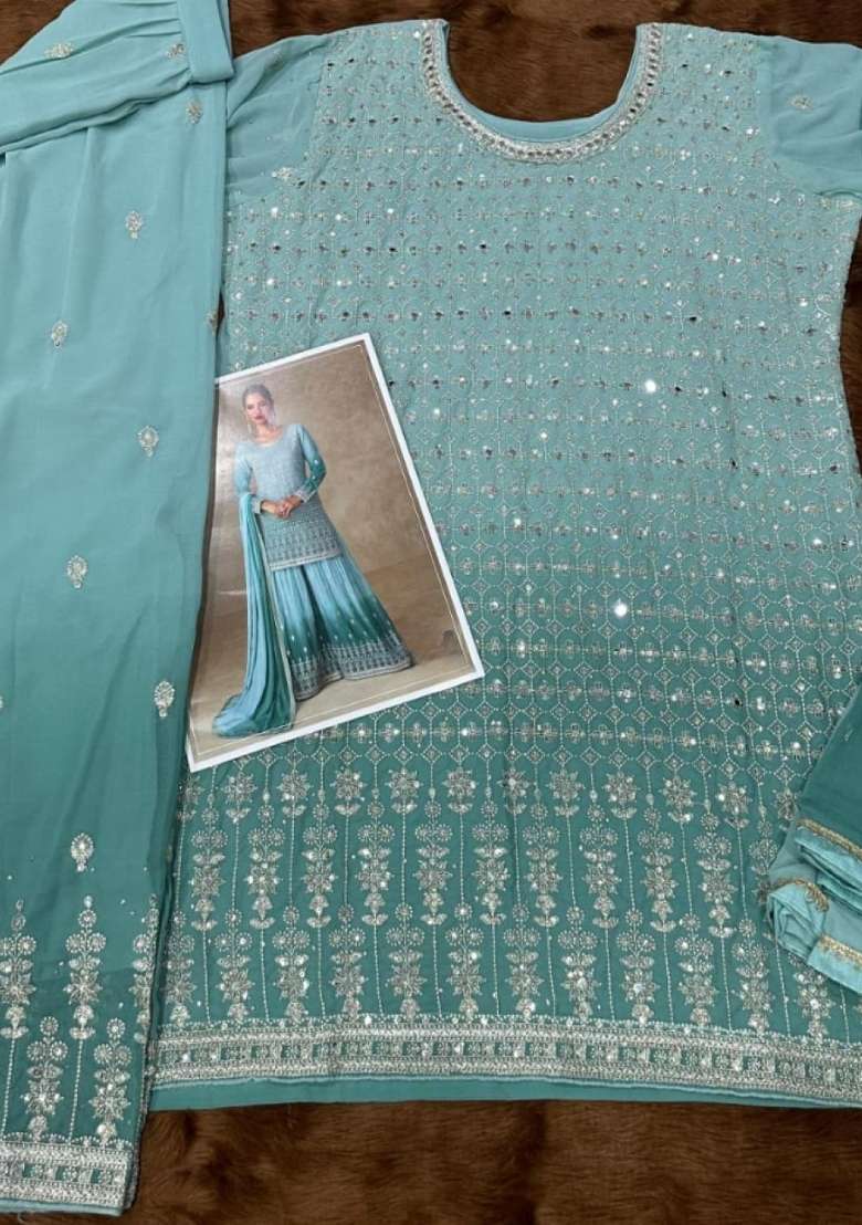 Blue Mirror Work Georgette Kurta Set - Indya