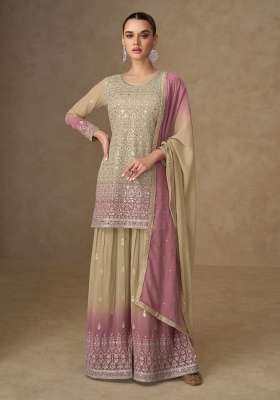 Beige Mirror Work Georgette Kurta Set