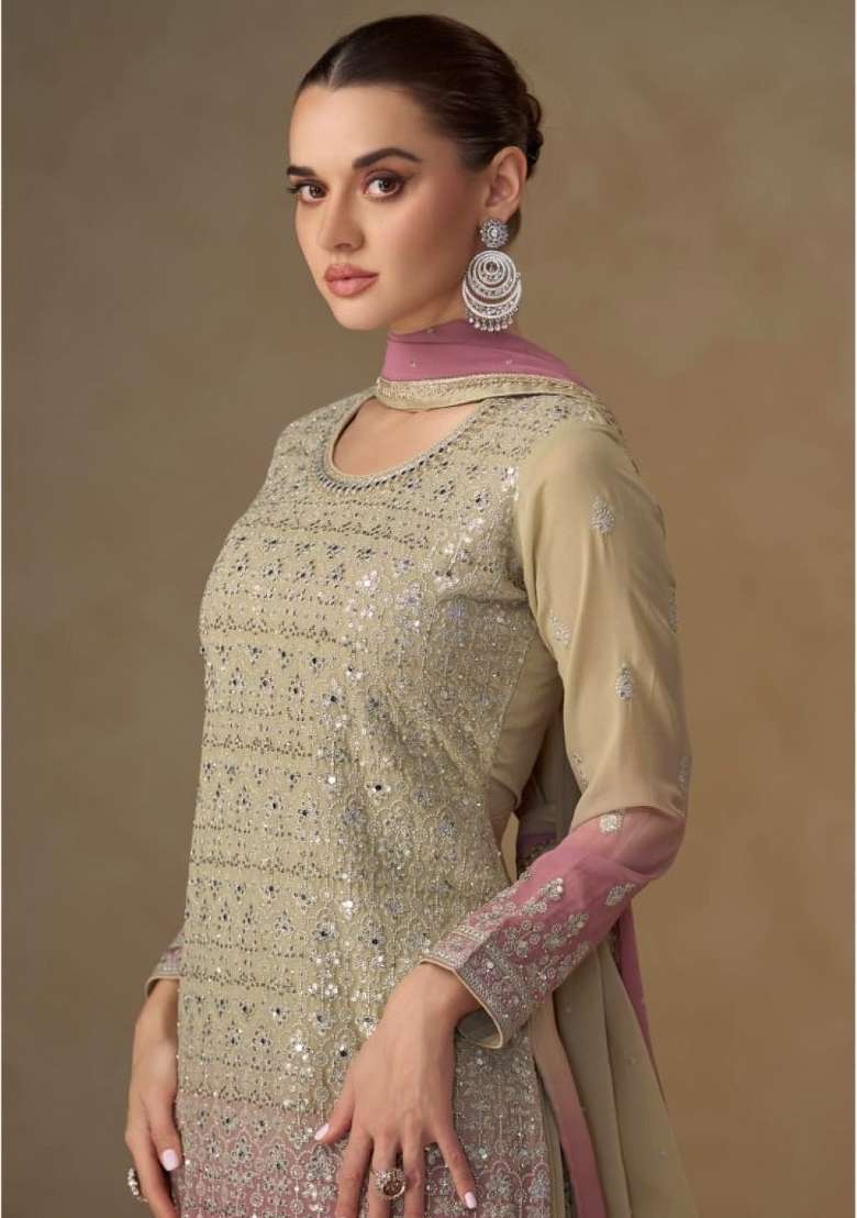 Beige Mirror Work Georgette Kurta Set - Indya
