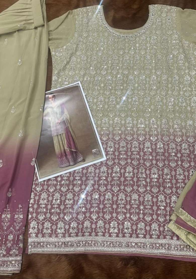 Beige Mirror Work Georgette Kurta Set - Indya