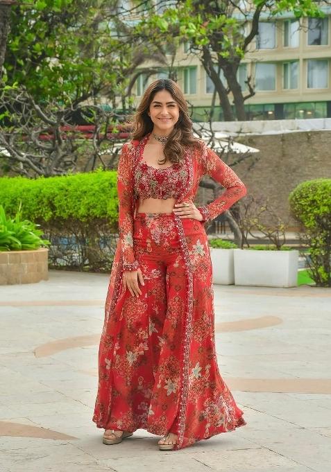 Red Embroidered Silk Indo Western