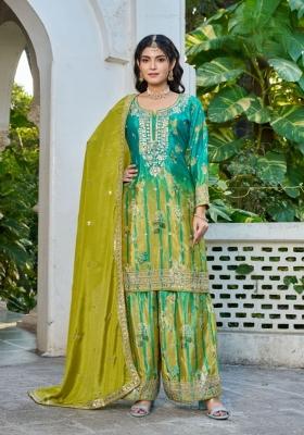 Sea Green Floral Print Silk Kurta Set