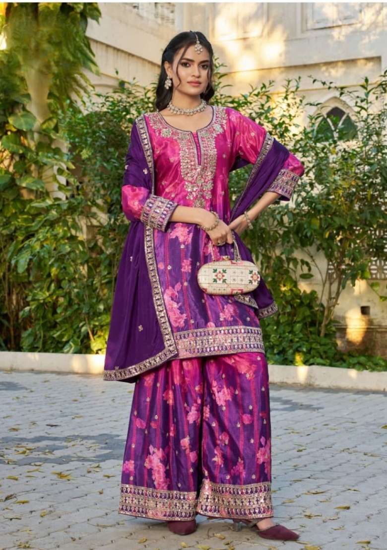 Purple Floral Print Silk Kurta Set - Indya