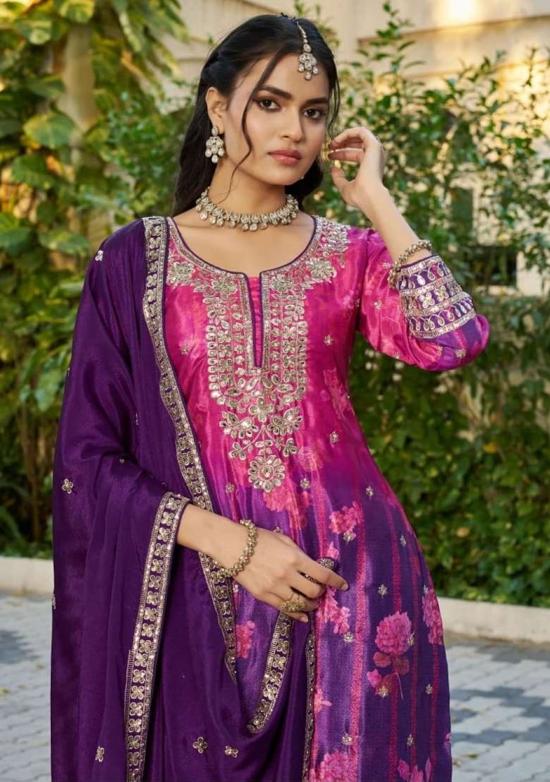 Purple Floral Print Silk Kurta Set - Indya
