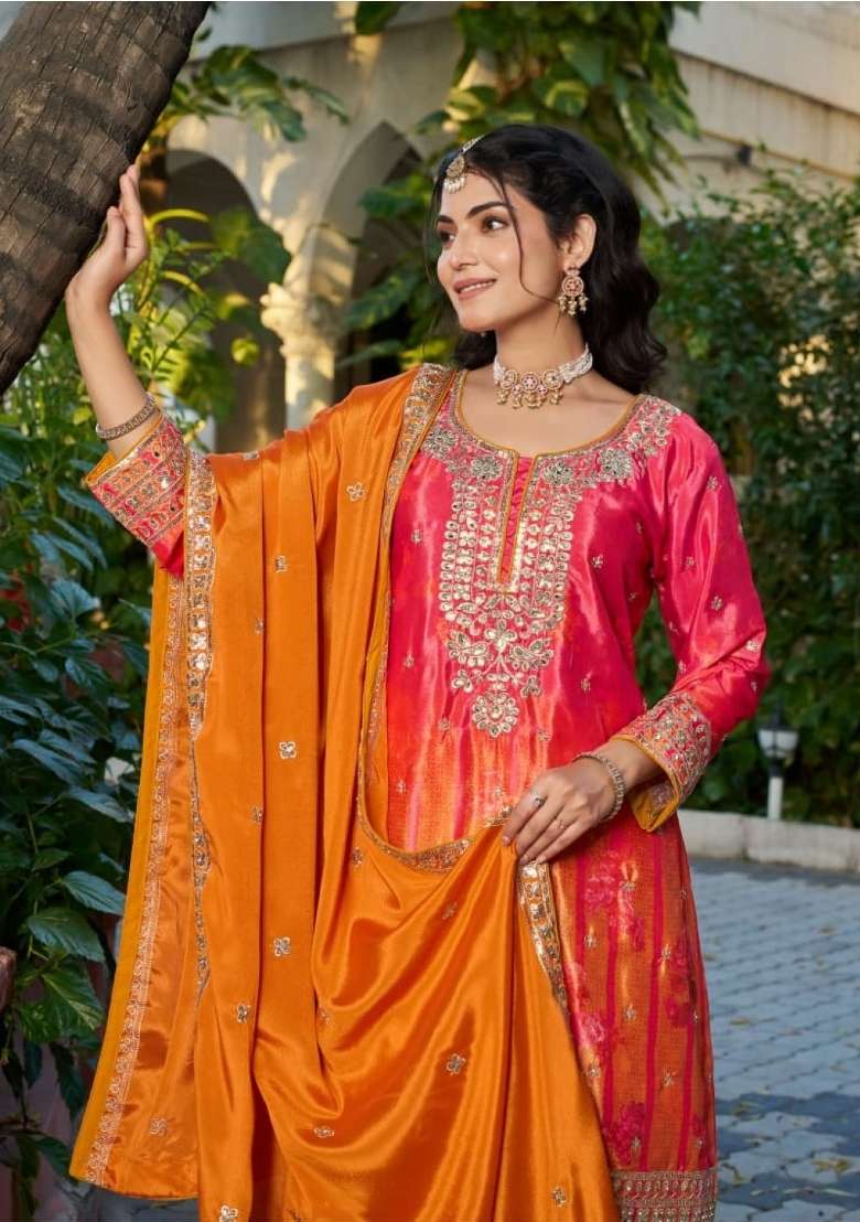 Orange Floral Print Silk Kurta Set - Indya