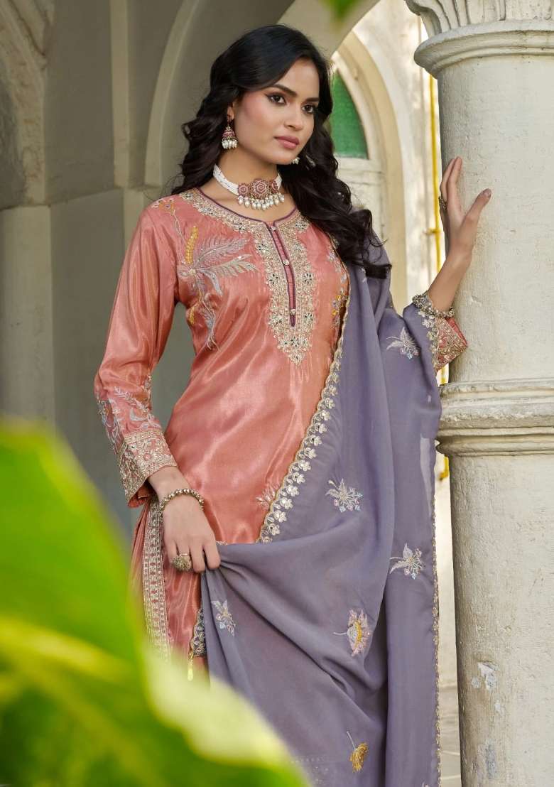 Peach Sequin Work Shimmer Kurta Set - Indya