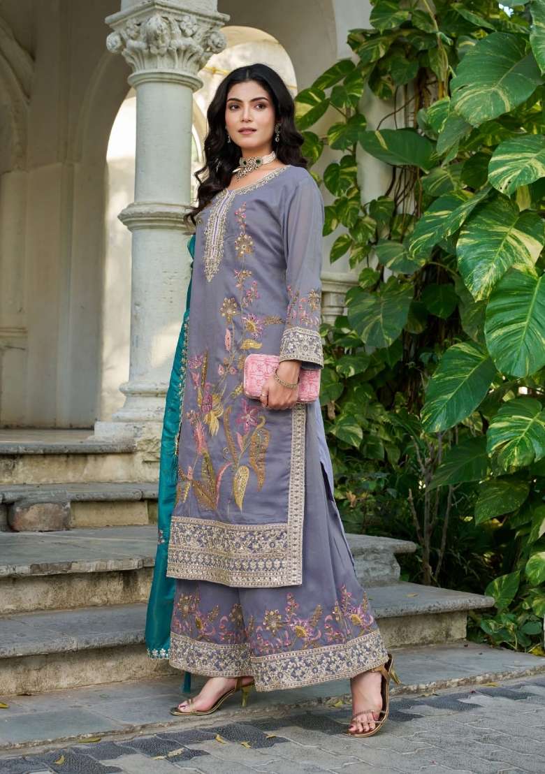 Grey Sequin Work Shimmer Kurta Set - Indya