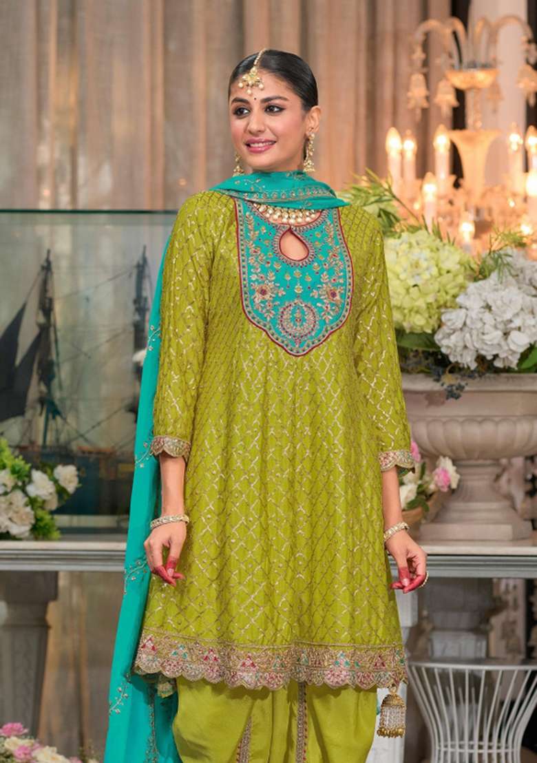 Green Embroidered Silk Dhoti Suit Set - Indya