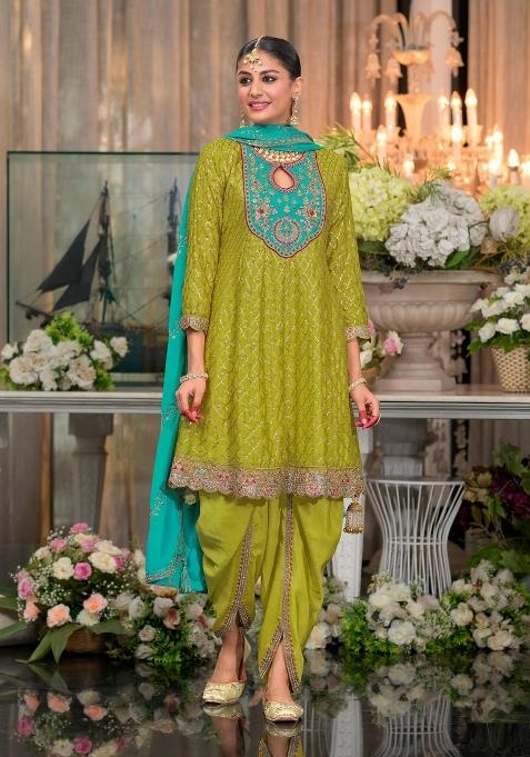 Green Embroidered Silk Dhoti Suit Set