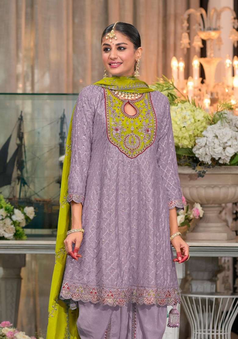 Lavender Embroidered Silk Dhoti Suit Set - Indya