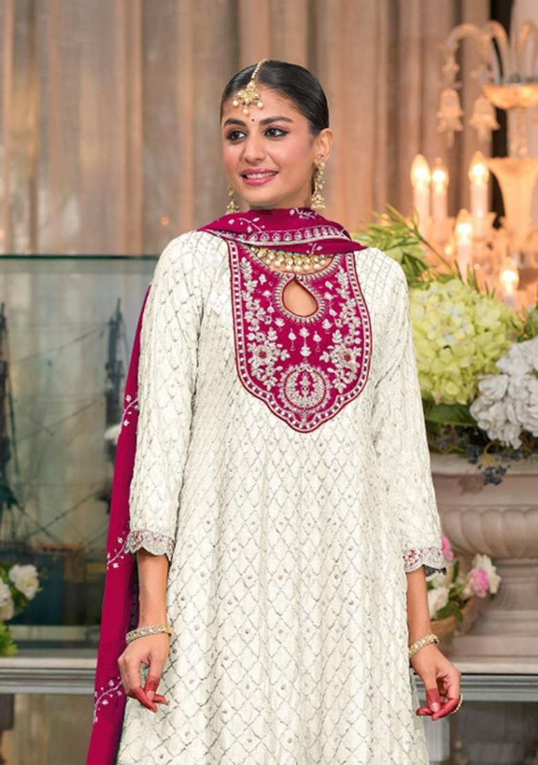 White Embroidered Silk Dhoti Suit Set - Indya