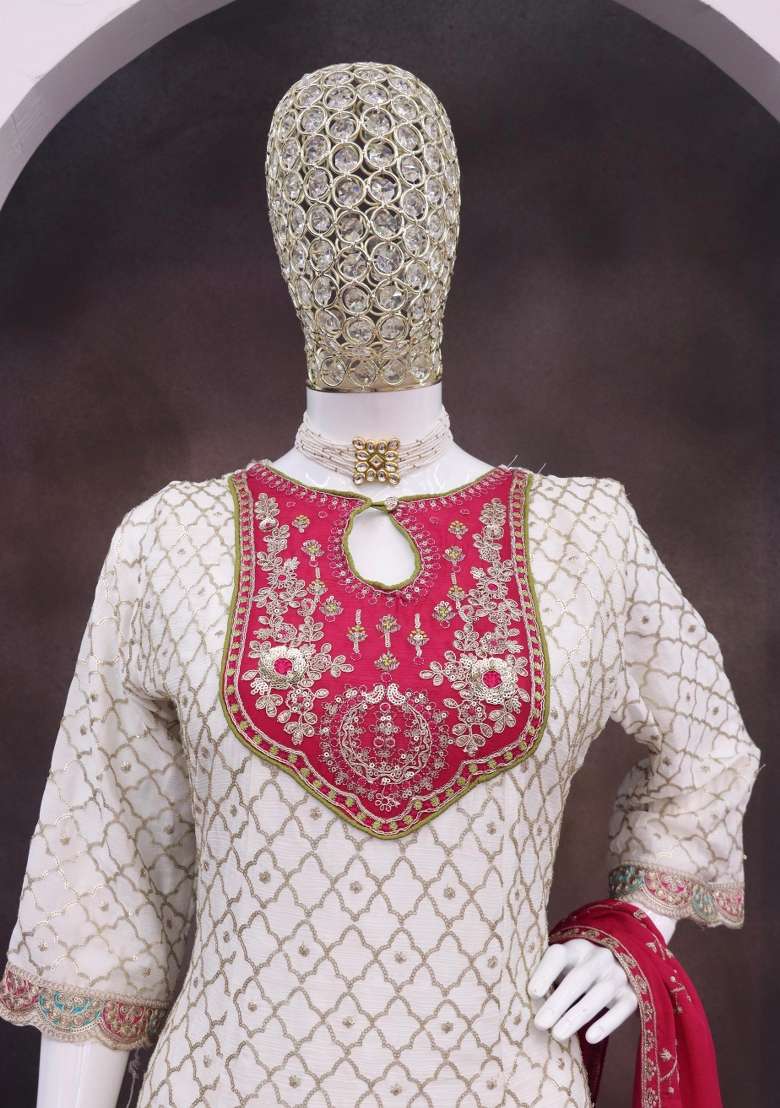 White Embroidered Silk Dhoti Suit Set - Indya