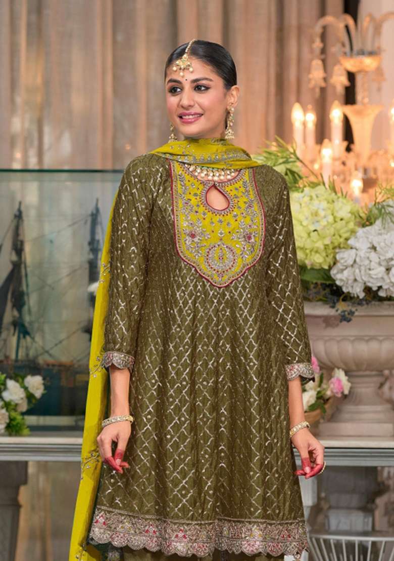 Mehendi Embroidered Silk Dhoti Suit Set - Indya