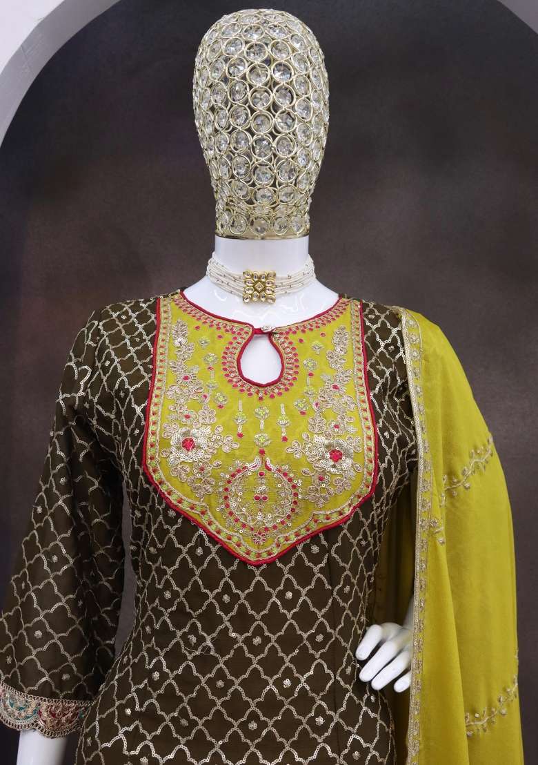 Mehendi Embroidered Silk Dhoti Suit Set - Indya