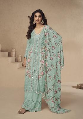 Sea Green Embroidered Silk Kurta Set