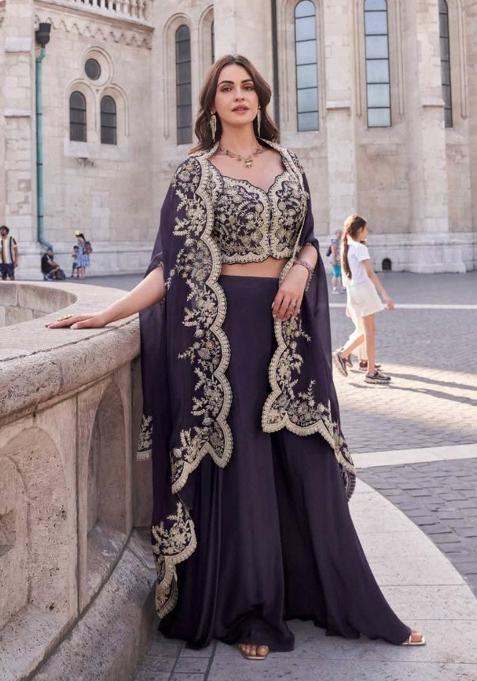 Purple Embroidered Silk Indo Western