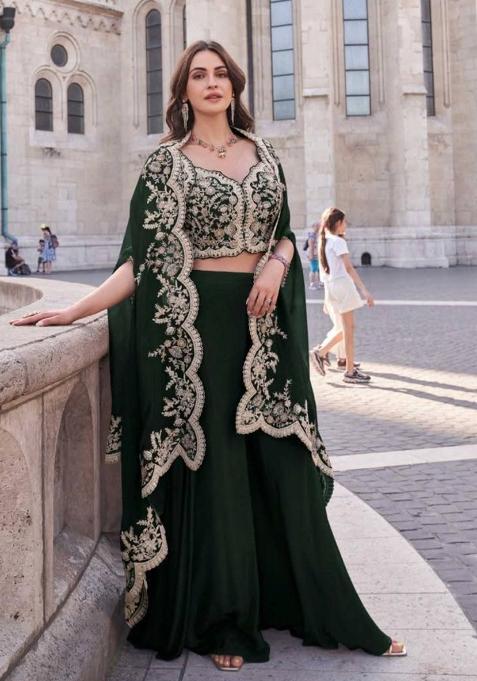 Green Embroidered Silk Indo Western