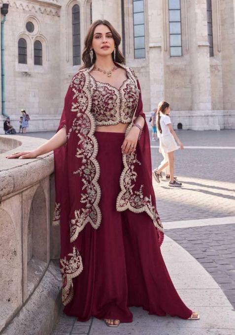 Blood Red Embroidered Silk Indo Western
