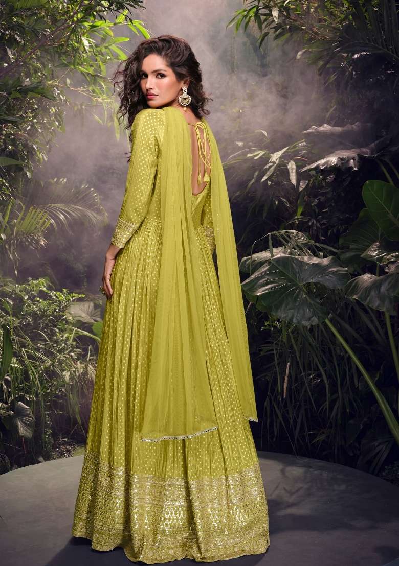 Lime Handwork Viscose Anarkali With Dupatta - Indya
