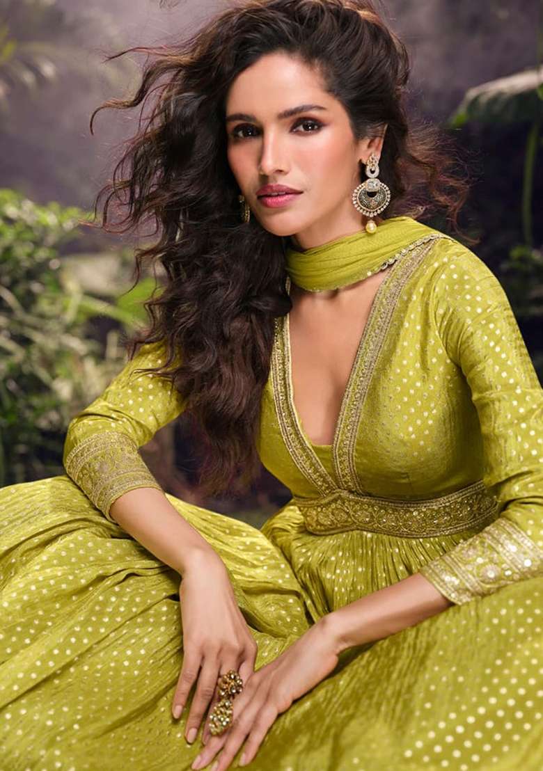 Lime Handwork Viscose Anarkali With Dupatta - Indya