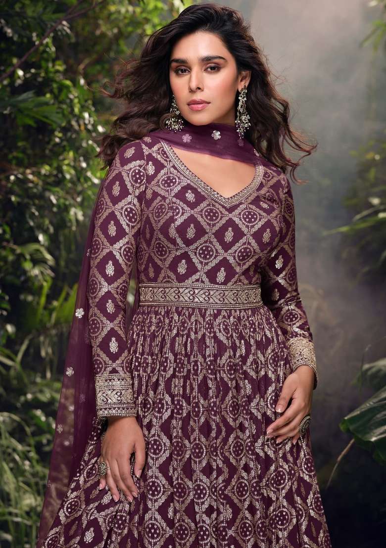 Wine Handwork Viscose Anarkali With Dupatta - Indya