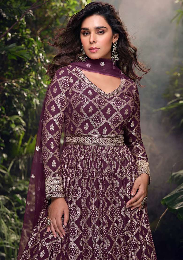 Wine Handwork Viscose Anarkali With Dupatta - Indya