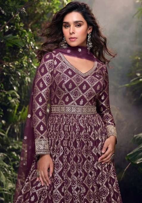 Wine Handwork Viscose Anarkali With Dupatta