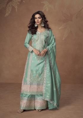 Sea Green Embroidered Silk Kurta Set