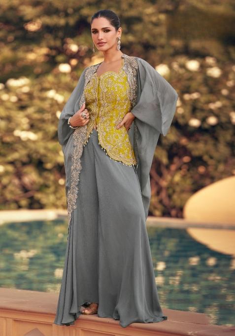 Yellow Embroidered Silk Indo Western