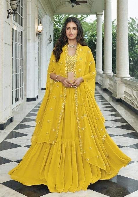 Yellow Sequin Work Georgette Indo Western