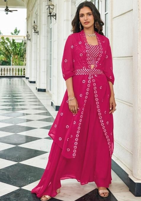 Magenta Sequin Work Georgette Indo Western