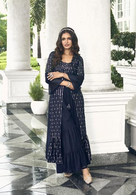 Navy Blue Sequin Work Georgette Indo Western
