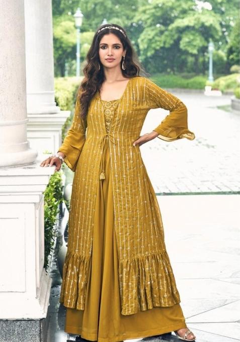 Mustard Sequin Work Georgette Indo Western