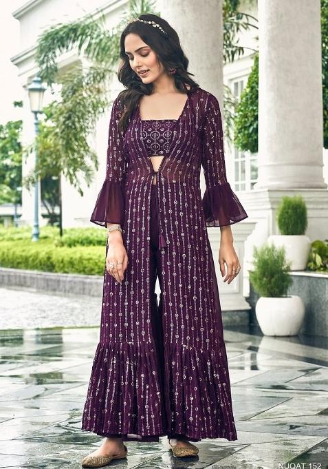 Purple Sequin Work Georgette Indo Western