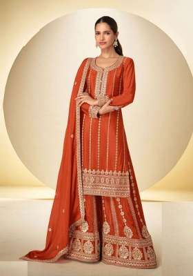 Rust Orange Sequin Work Silk Kurta Set