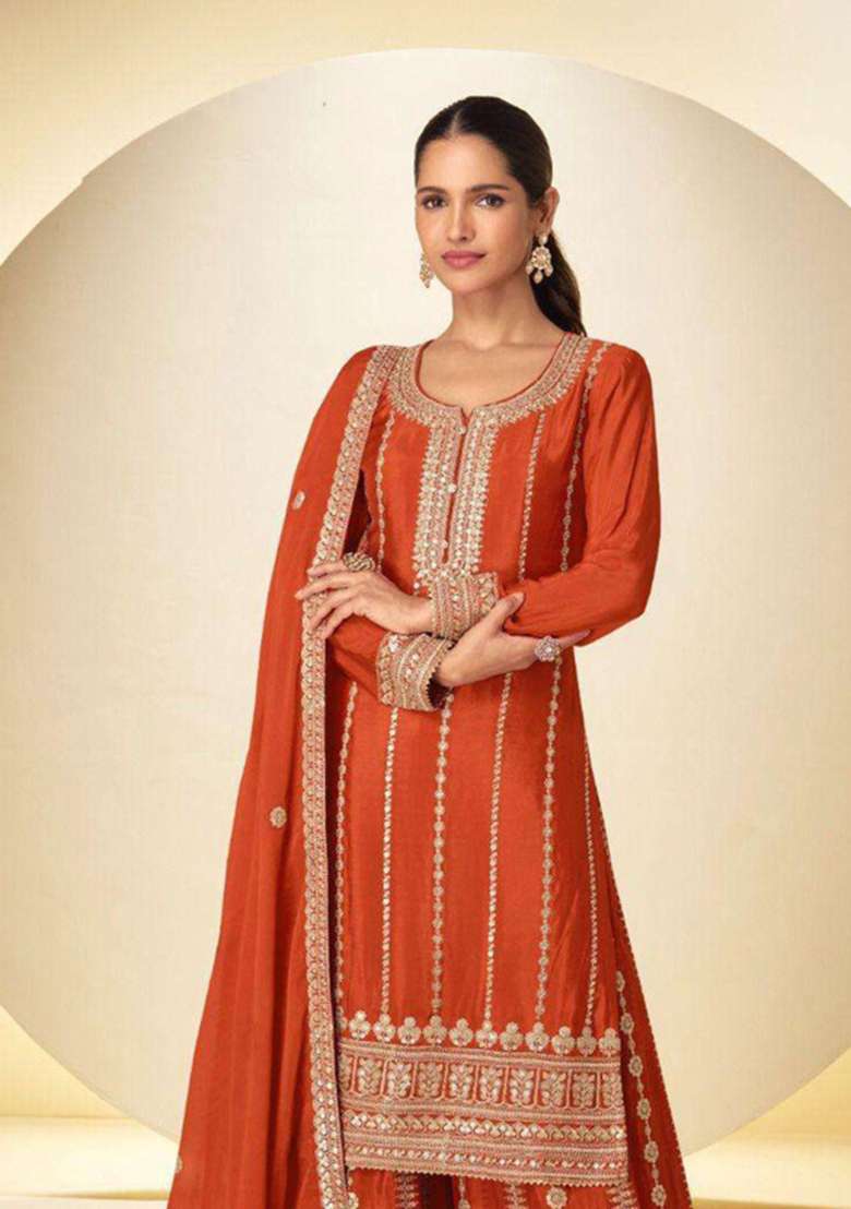 Rust Orange Sequin Work Silk Kurta Set - Indya