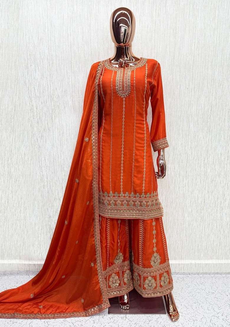 Rust Orange Sequin Work Silk Kurta Set - Indya