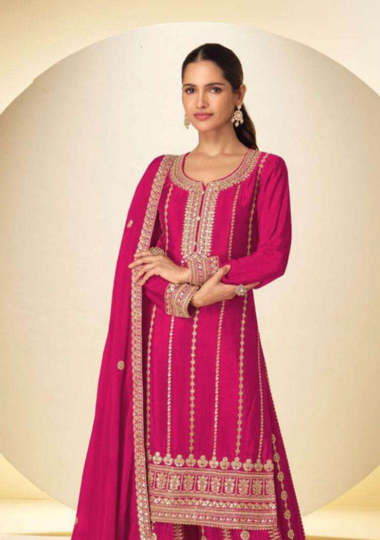 Pink Sequin Work Silk Kurta Set - Indya