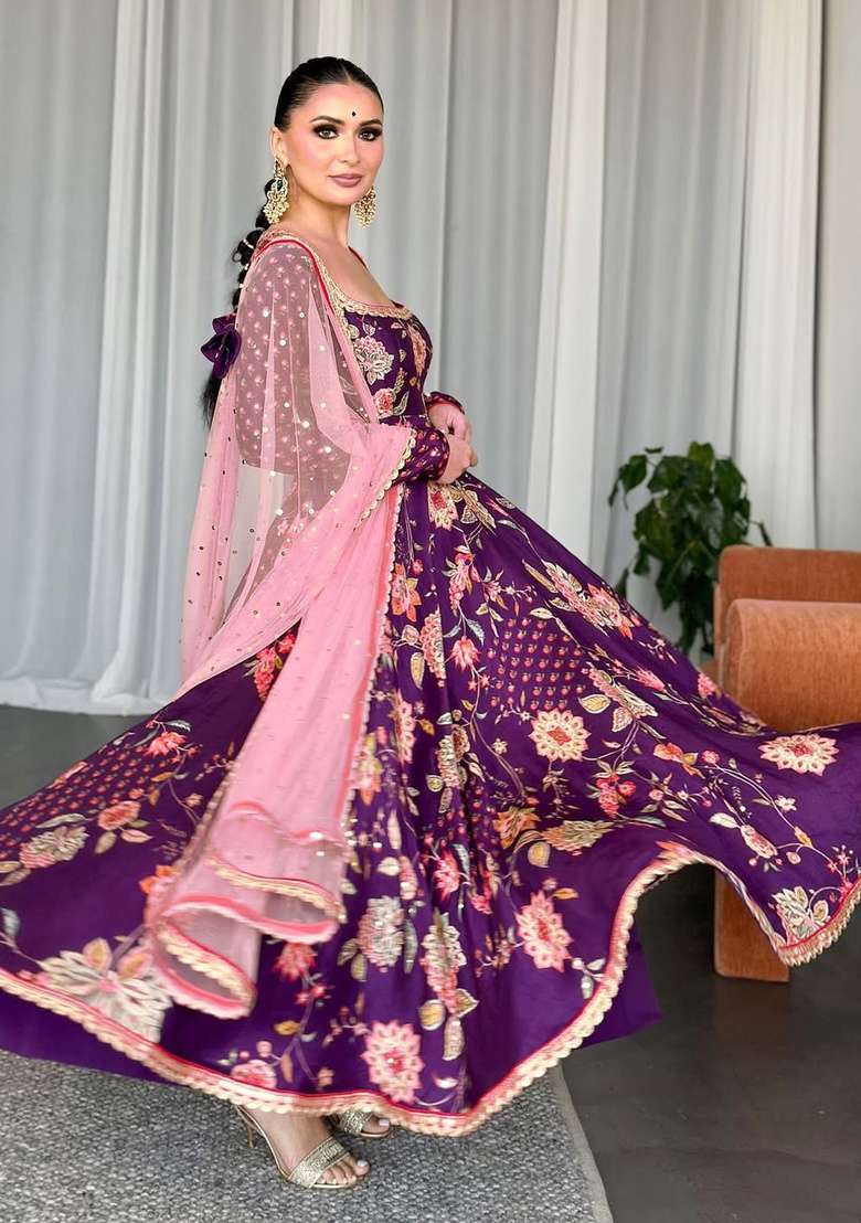 Purple Embroidered Silk Kurta Set - Indya