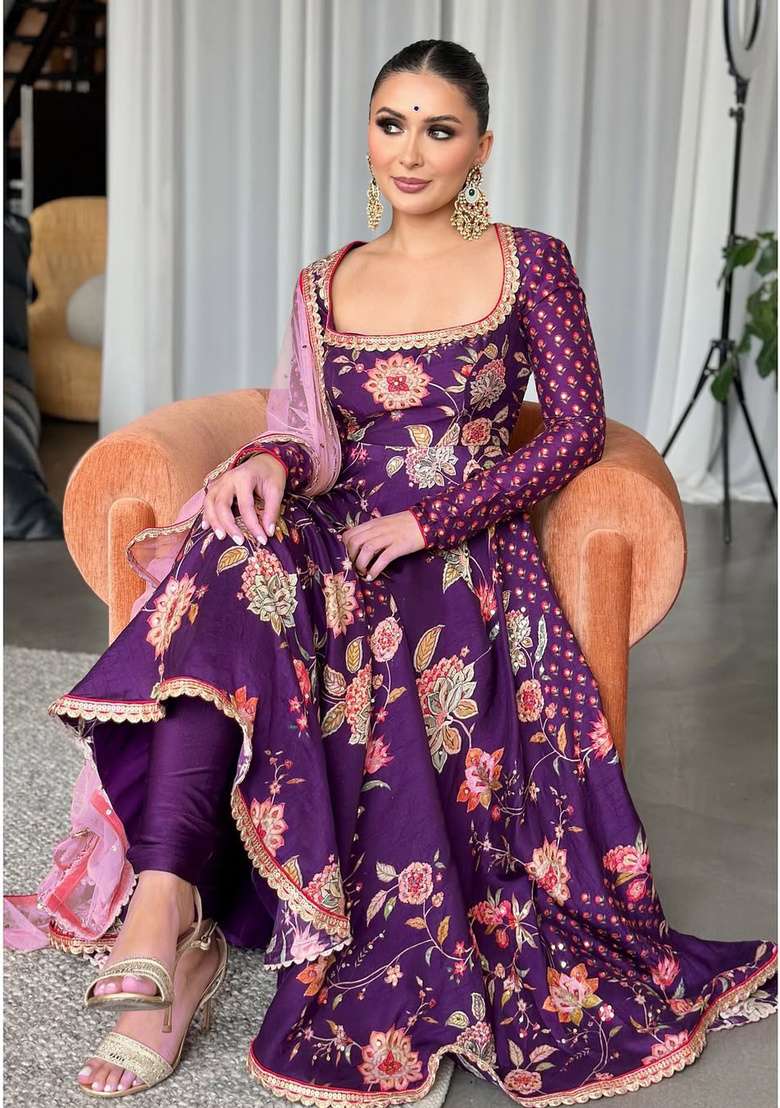 Purple Embroidered Silk Kurta Set - Indya